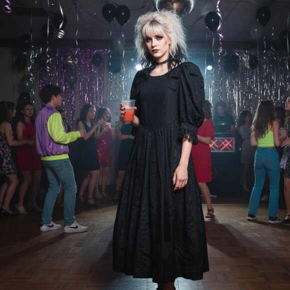 🖤 Vtg 80s Black Moire Taffeta Puff Sleeve Goth Prom Dress XS 🖤 - Picture 1 of 7